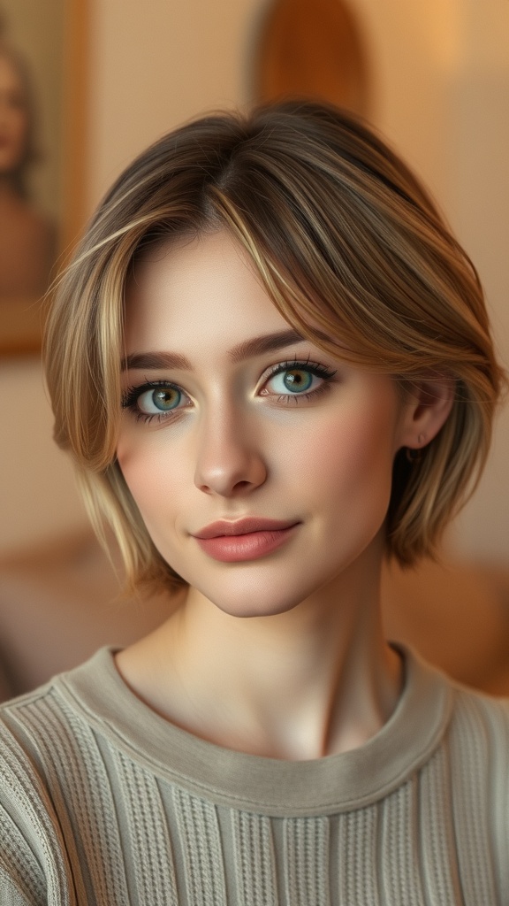 A young woman with a soft layered cropped hairstyle, featuring gentle layers framing her face.