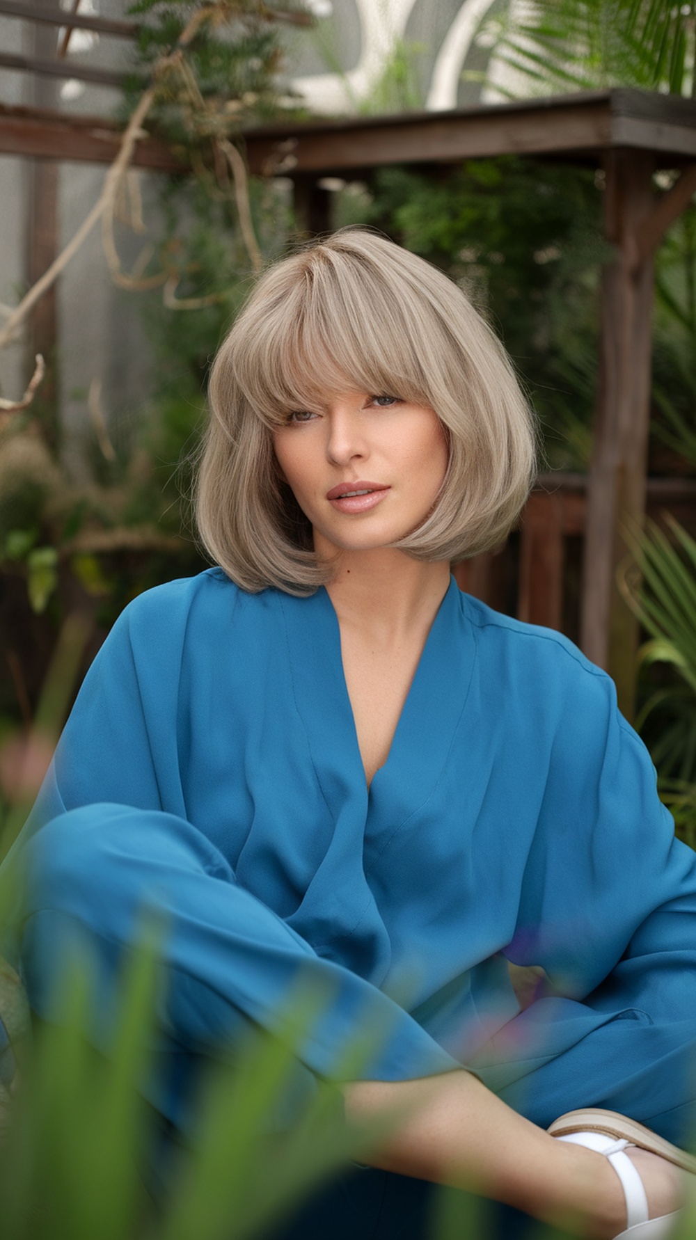 A woman with a soft shaggy bob hairstyle, wearing a blue outfit, sitting in a garden.