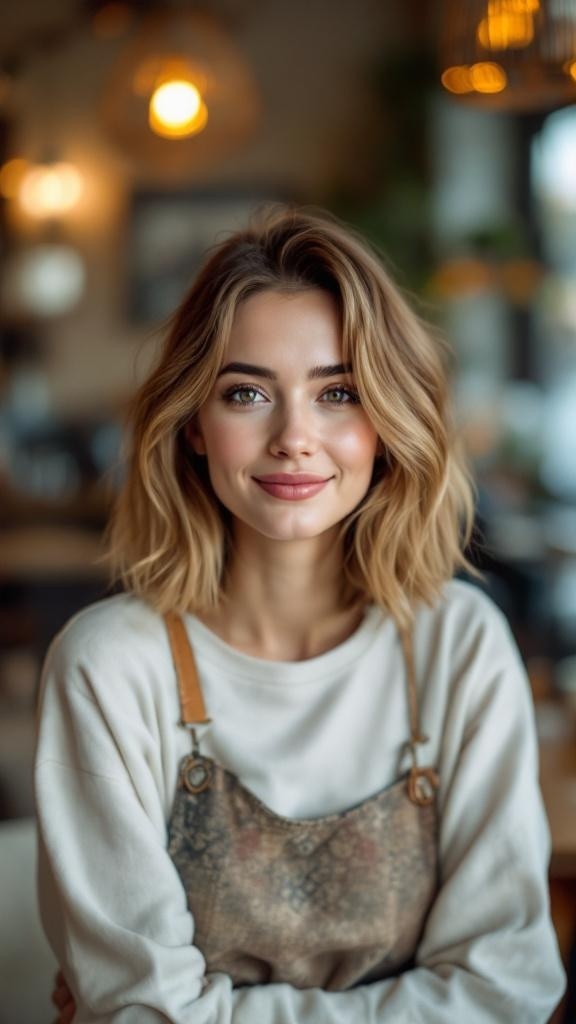 A young woman with a soft textured lob haircut, smiling in a cozy setting.