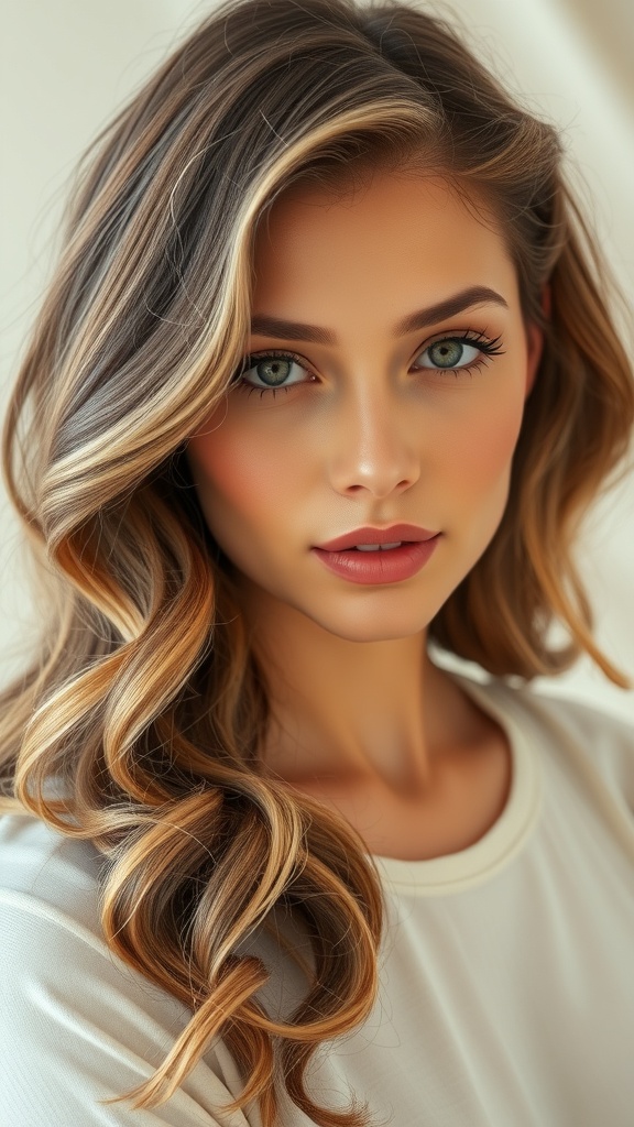 A woman with soft waves and a center part, showcasing a hairstyle suitable for an oval-shaped face.