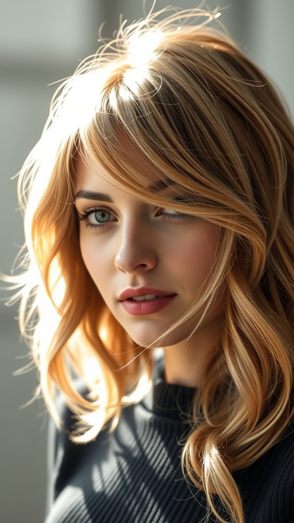 A close-up of a woman with soft waves and face-framing layers, showcasing a stylish wolf cut hairstyle.