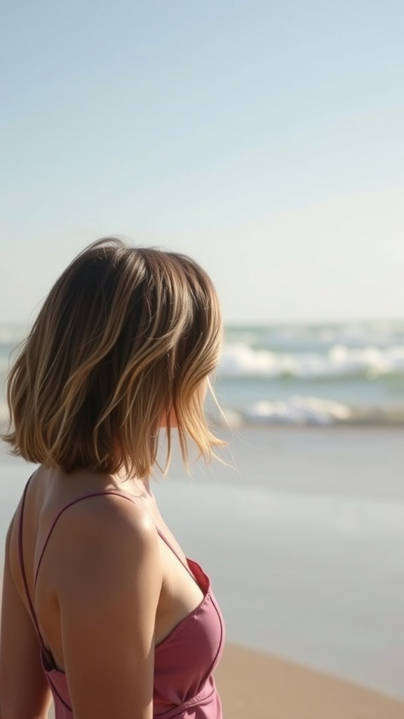 A woman with mid-length hair styled in soft waves, standing on the beach.