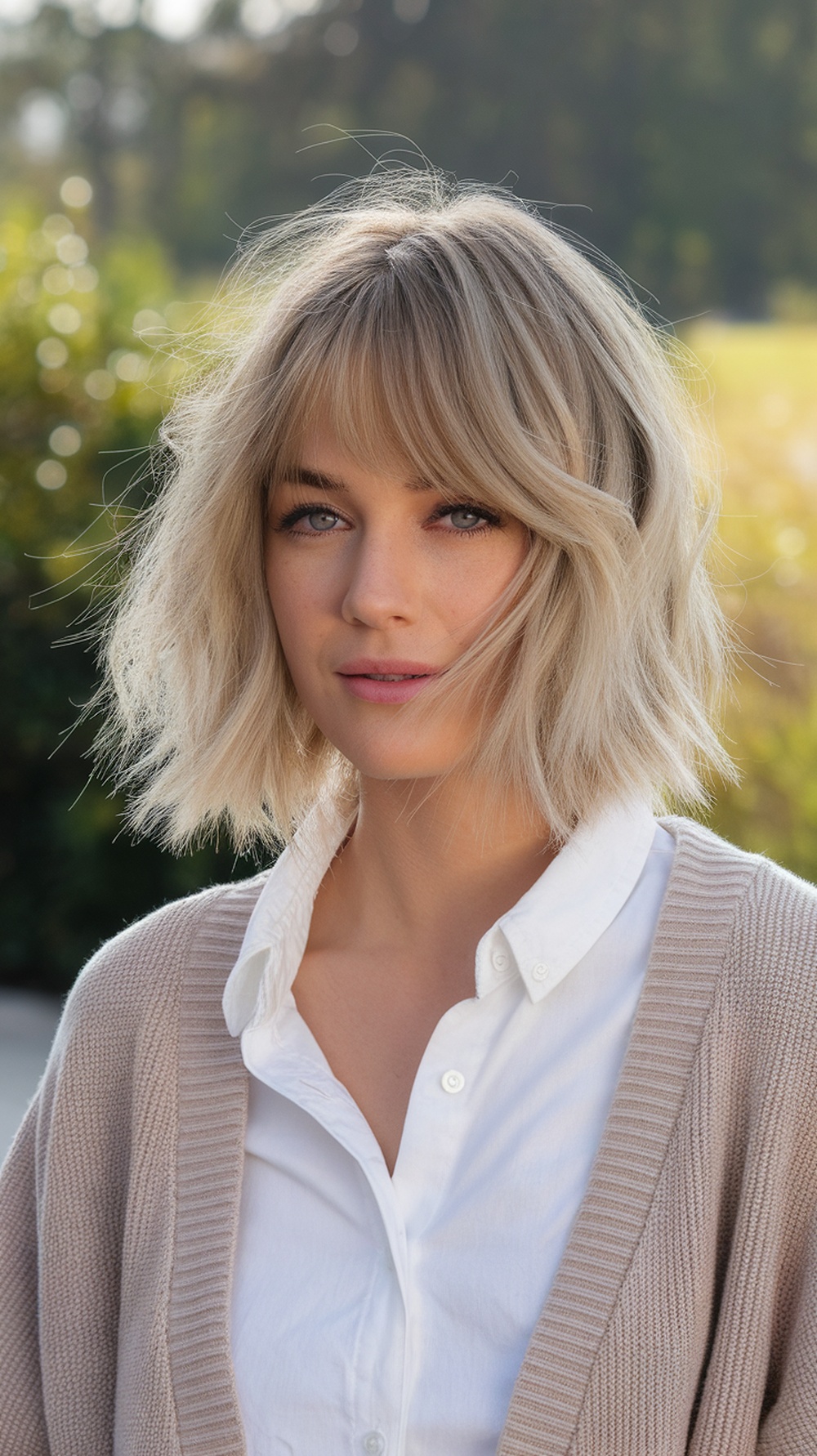 A woman with shoulder-length hair styled in soft waves with textured ends, wearing a white shirt and a beige cardigan.