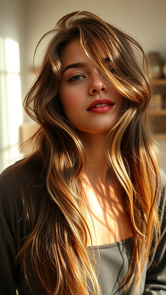 A woman with long, softly tousled layers of hair, showcasing a natural and effortless style.