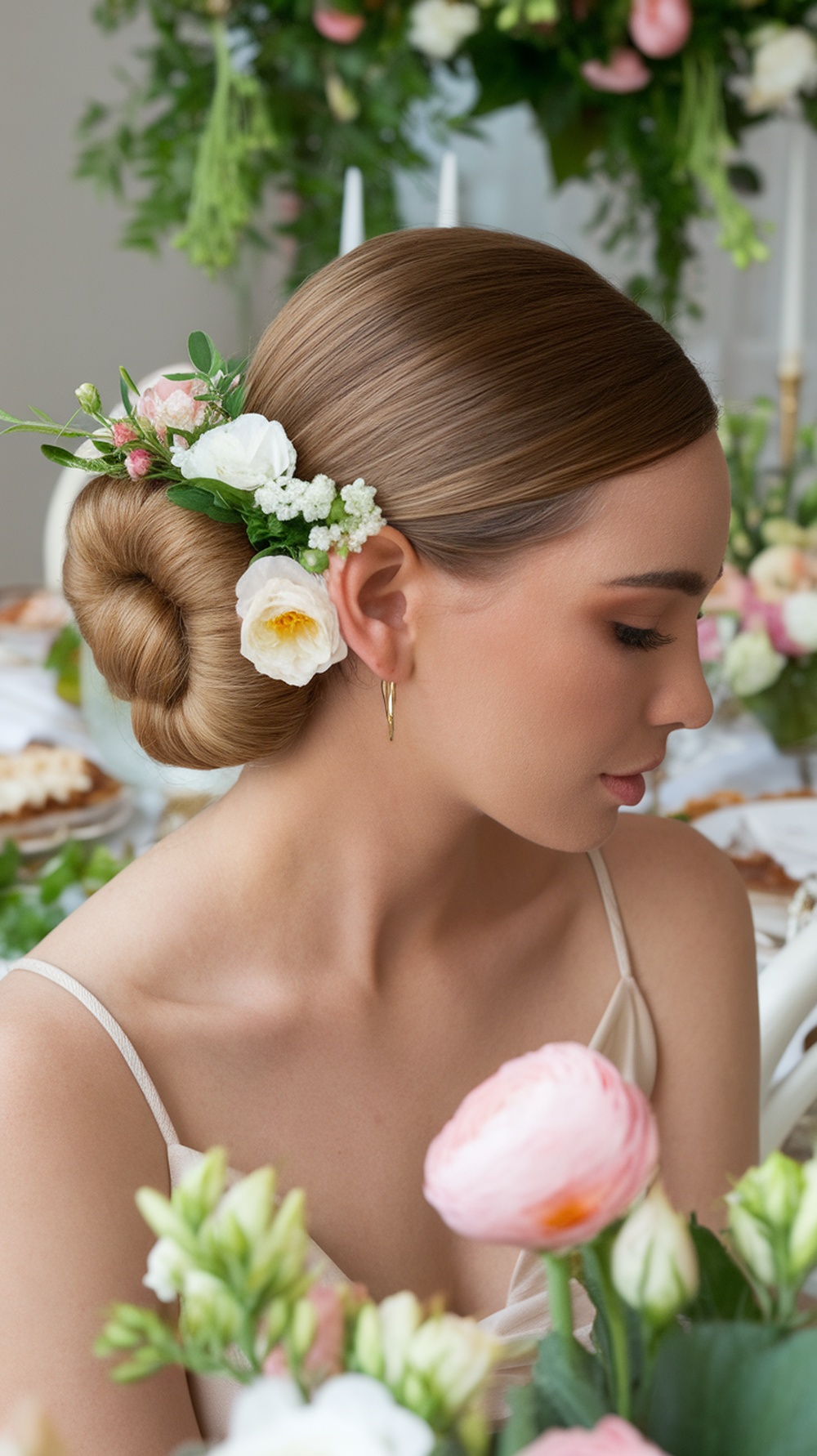A sophisticated chignon hairstyle adorned with spring flowers, showcasing elegance and style.