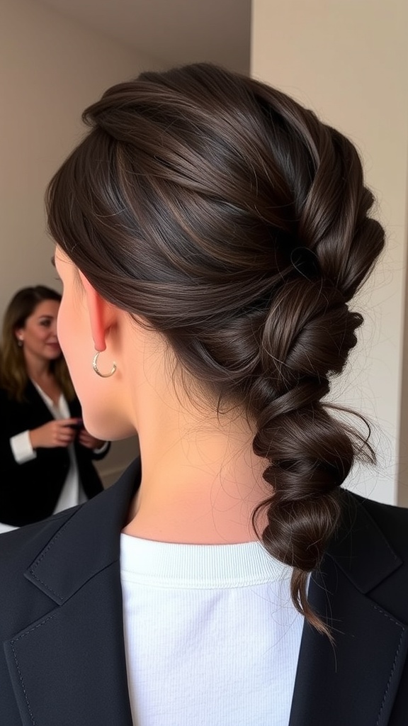 A sophisticated French twist hairstyle showcasing smooth, dark hair elegantly styled.