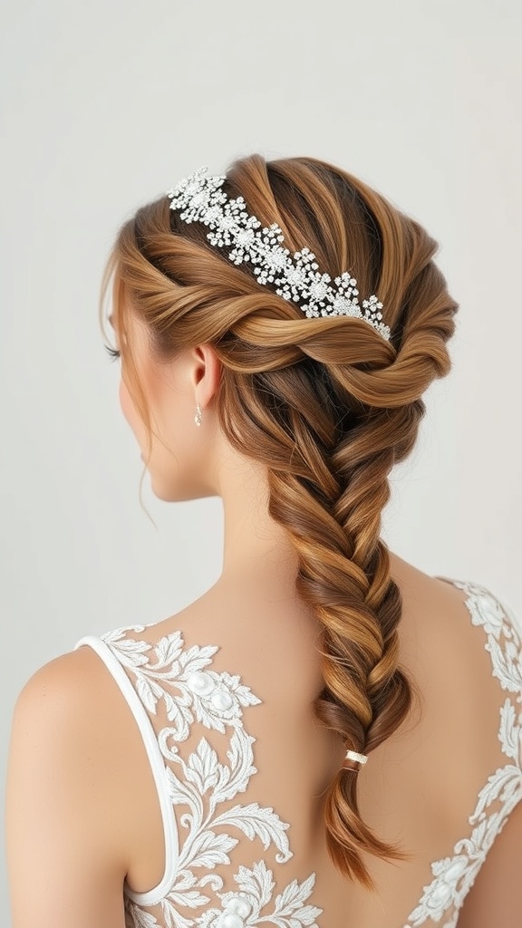 A woman with a halo braid hairstyle adorned with a floral hairpiece, showcasing a sophisticated look.