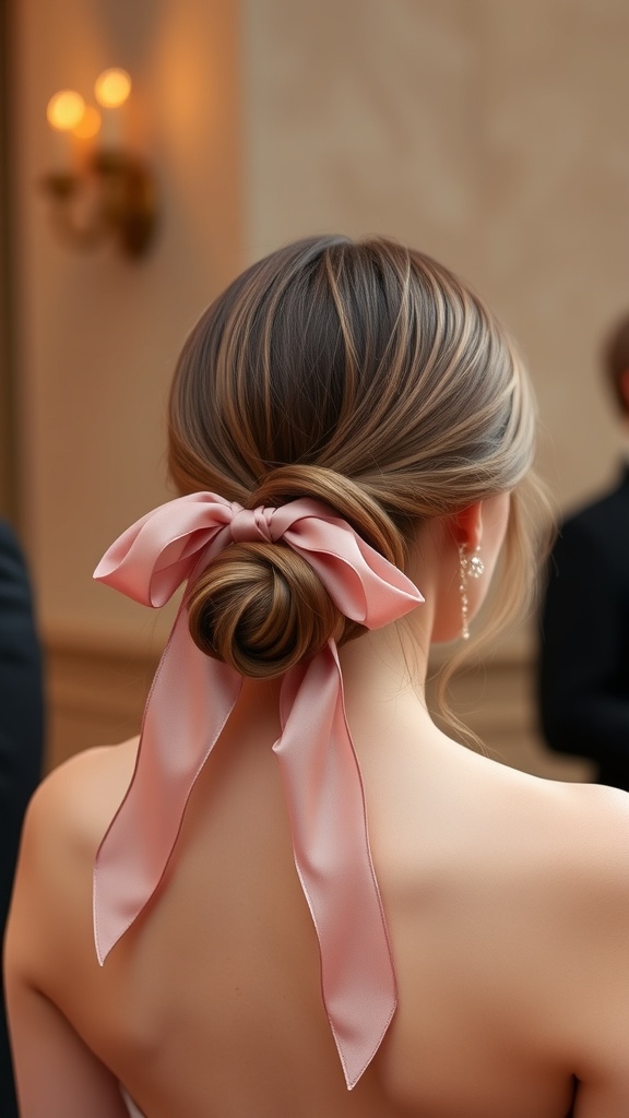 A sophisticated low bun hairstyle adorned with a pink chiffon ribbon.