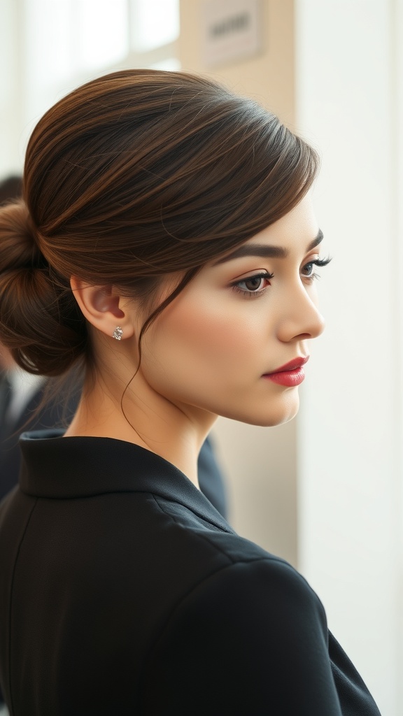 A woman with a sophisticated low bun hairstyle and side-swept bangs, showcasing a polished look.
