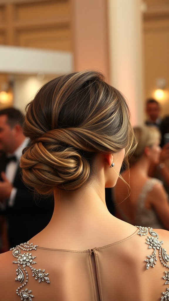 A woman with a sophisticated low chignon hairstyle, showcasing smooth, twisted hair at the nape of her neck.