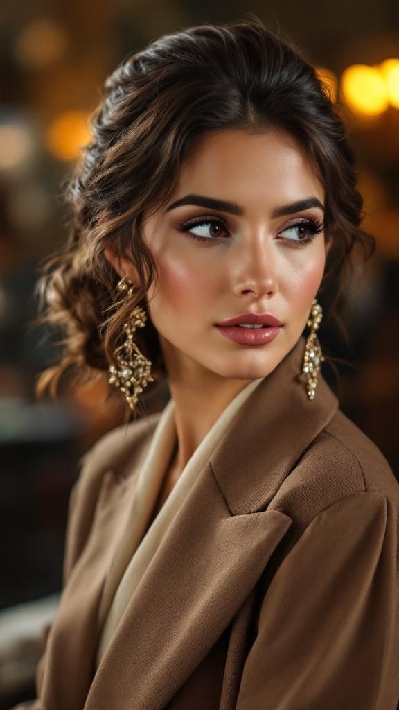 A woman with a sophisticated side part hairstyle, wearing elegant earrings and a stylish brown blazer.