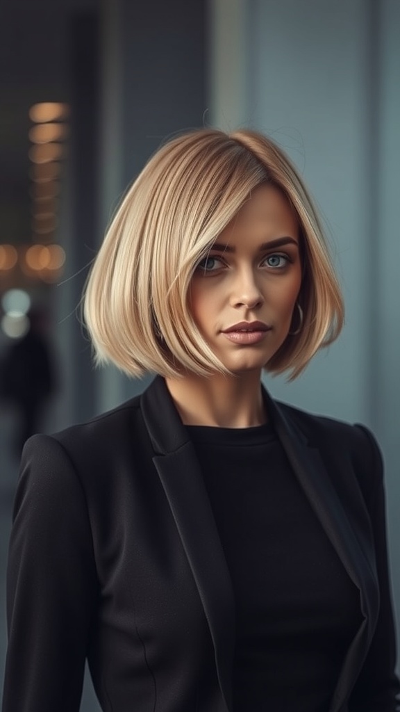 A woman with a tucked under bob hairstyle, wearing a black blazer, showcasing a sophisticated look.