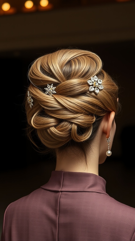 A sophisticated updo hairstyle for women, featuring intricate twists and decorative hairpins.
