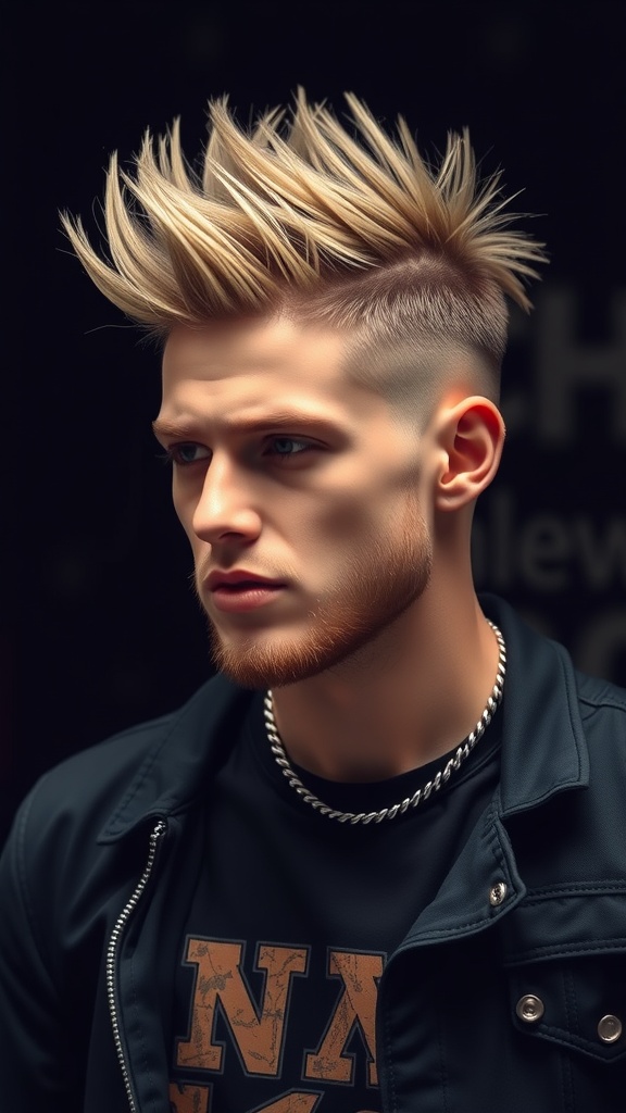 A young man with spiky blonde hair styled with an undercut, wearing a black jacket and a chain necklace.