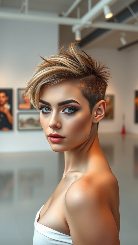 A stylish woman with a spiky pixie cut, showcasing a trendy hairstyle.