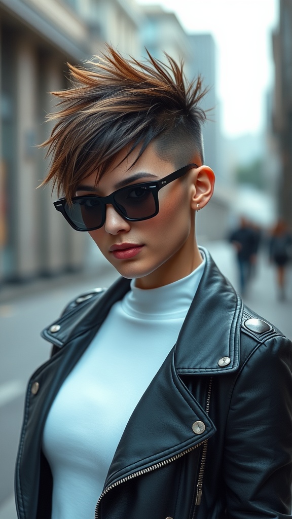 A young man with spiky short hair wearing a leather jacket, showcasing a modern and edgy hairstyle.