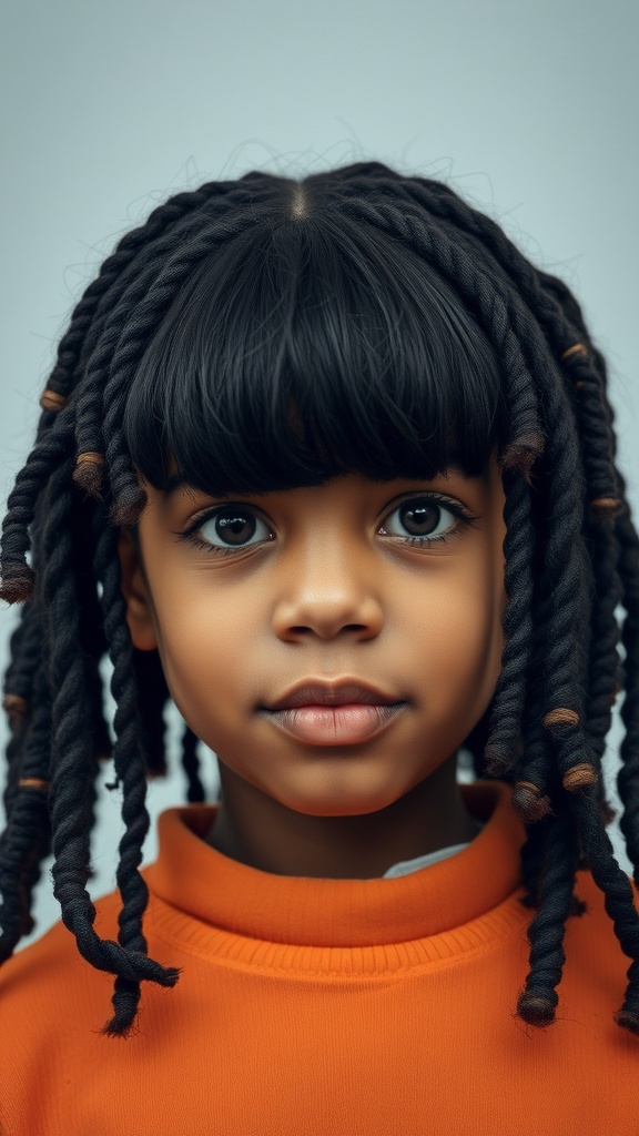 A child with spiral locs and bangs, showcasing a playful hairstyle.