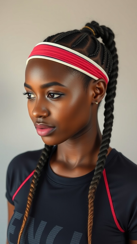 A woman with Fulani braids and a sporty headband, showcasing a stylish and practical hairstyle for sports.