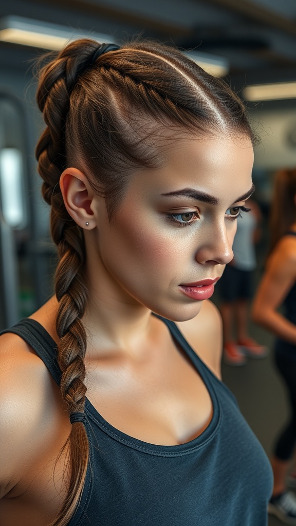 A young woman with boxer braids in a gym setting, focused on her workout.