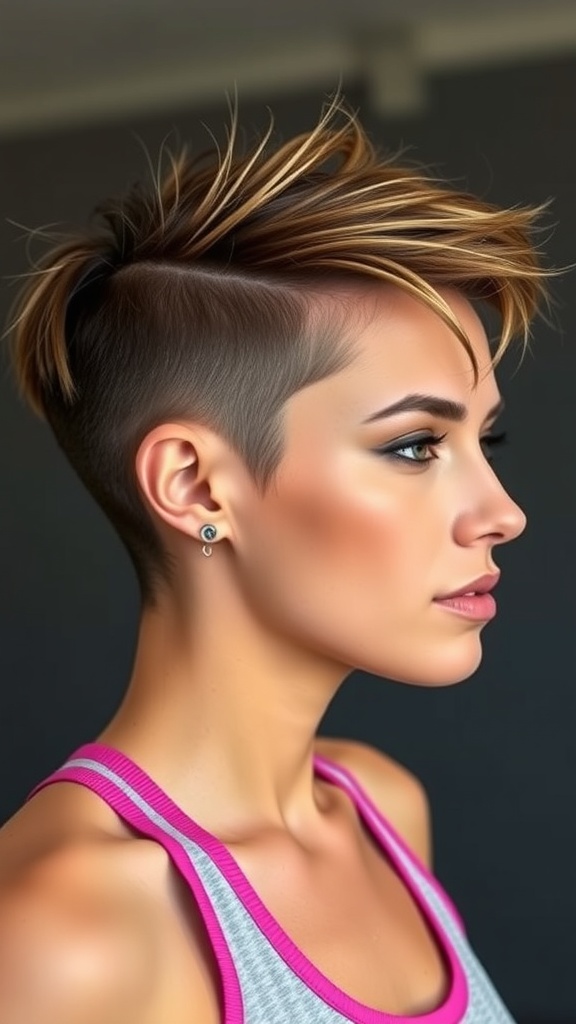 A sporty side shaved hairstyle with longer hair on top styled upwards, showcasing a bold and trendy look.