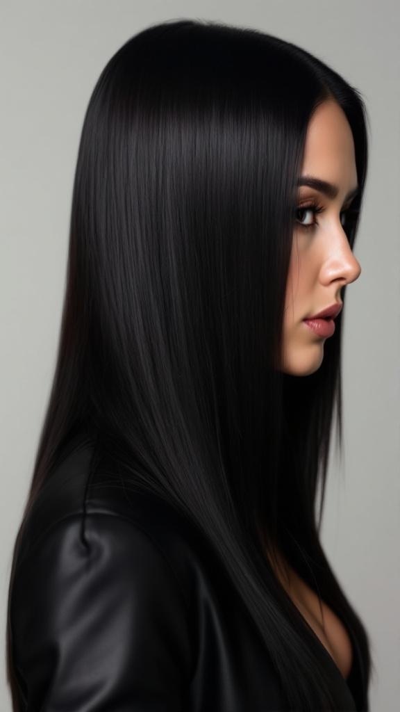 A woman with straight, sleek, long black hair styled elegantly.