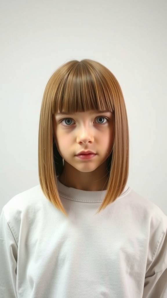 A girl with straight hair and bold bangs, wearing a light-colored shirt.