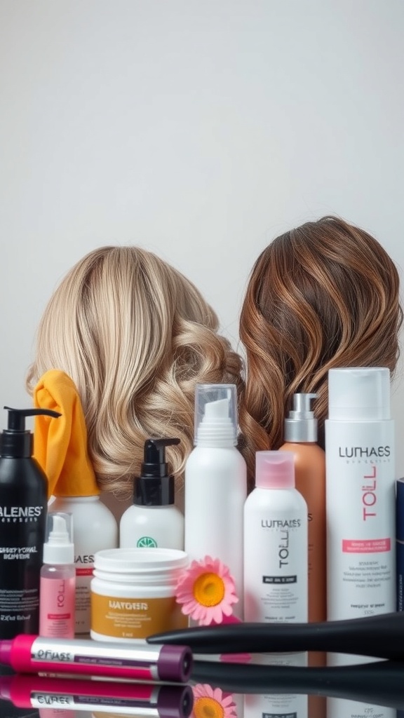 A variety of hair styling products for layered haircuts, including mousse, serum, and hairspray.