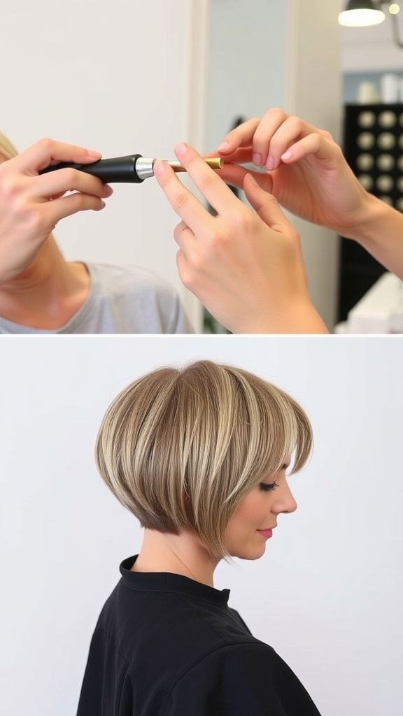 A stylist working on a long pixie bob haircut, showcasing the precision and style of the cut.