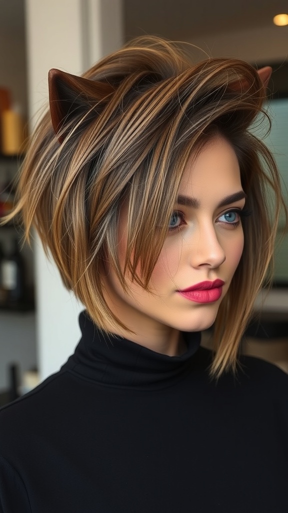 A stylish woman with a Wolf Cut and Curtain Bangs, showcasing a trendy hairstyle.