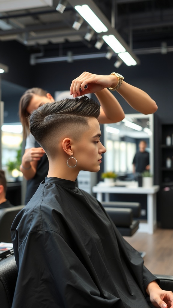 A person getting a faded undercut hairstyle at a salon.