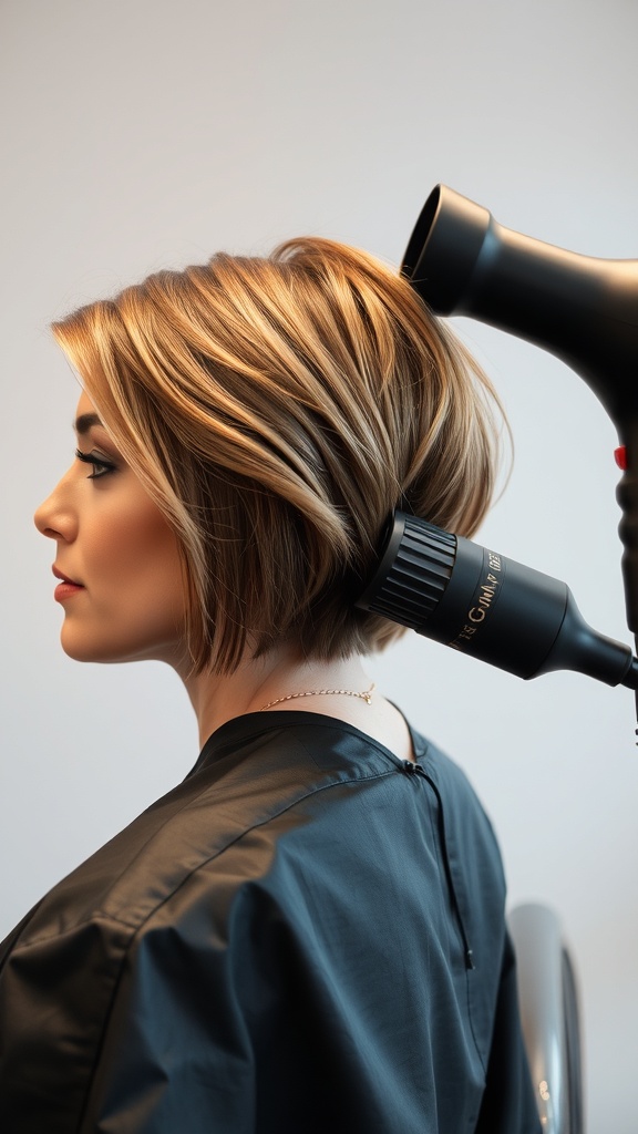 A woman with a short stacked wedge haircut, styled with a blow dryer in the background.