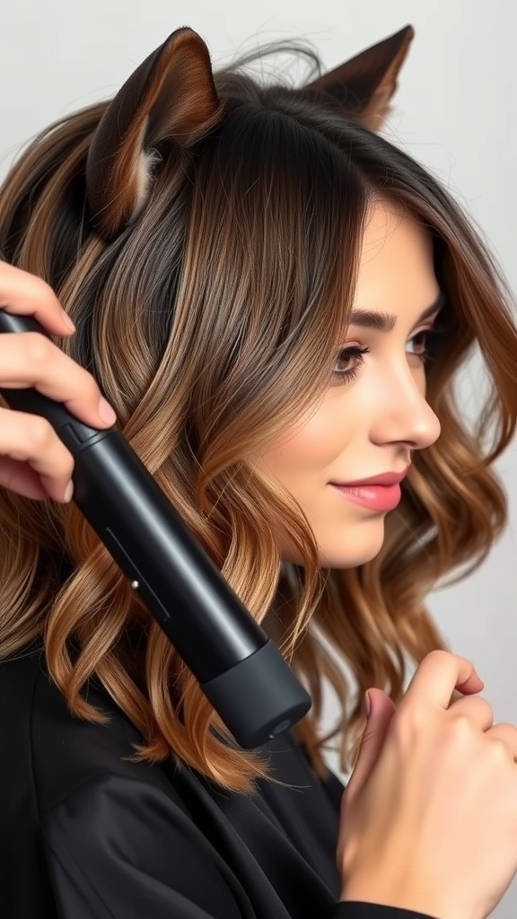 A woman with a Wavy Wolf Cut and bangs, styling her hair with a curling wand.