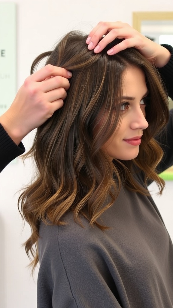 A stylist working on a shaggy lob hairstyle, showcasing layers and texture.