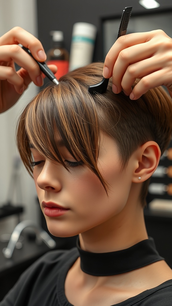 A woman getting her Butterfly Cut Short Hair styled, showcasing the layered look.