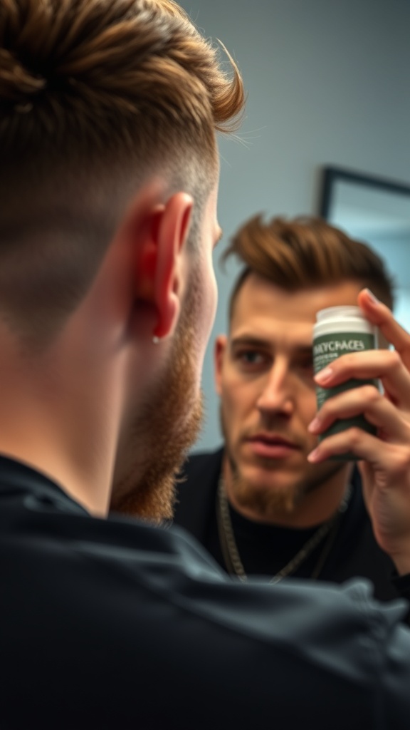 A man examining his hair in the mirror while holding a styling product, preparing for a wolf cut hairstyle.