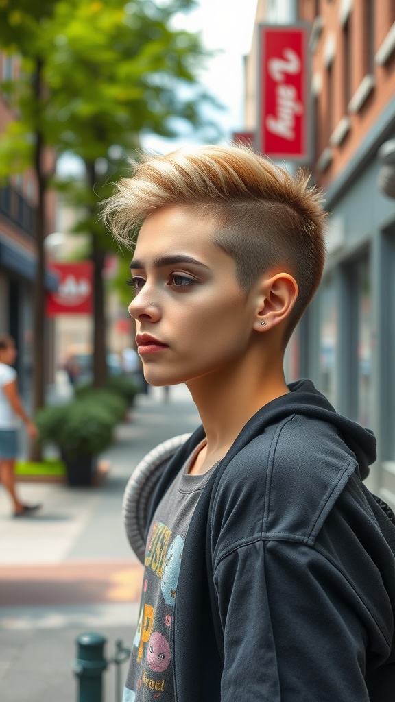 A person with a stylish undercut hairstyle, featuring short sides and longer top, standing in an urban setting.