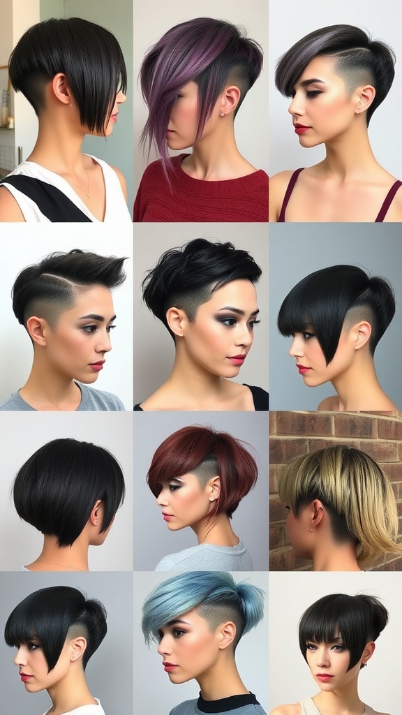A collage of various stylish undercut bob hairstyles showcasing different colors and lengths.