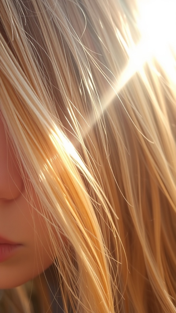 Close-up of hair with sun-kissed blonde streaks illuminated by sunlight.