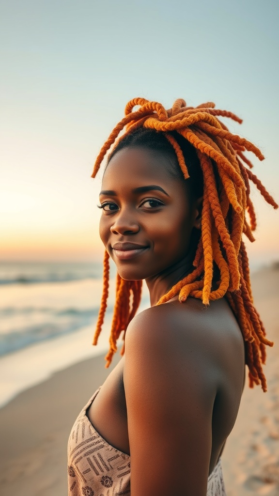 A woman with sunset inspired dyed locs, standing on a beach during sunset.