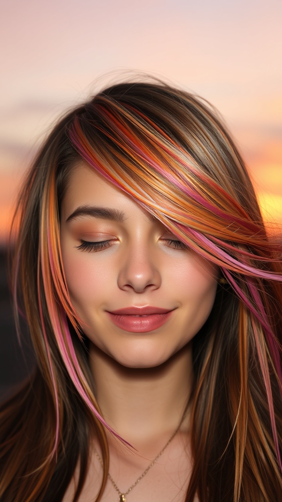 A close-up of a hairstyle featuring orange and pink streaks against a sunset background.