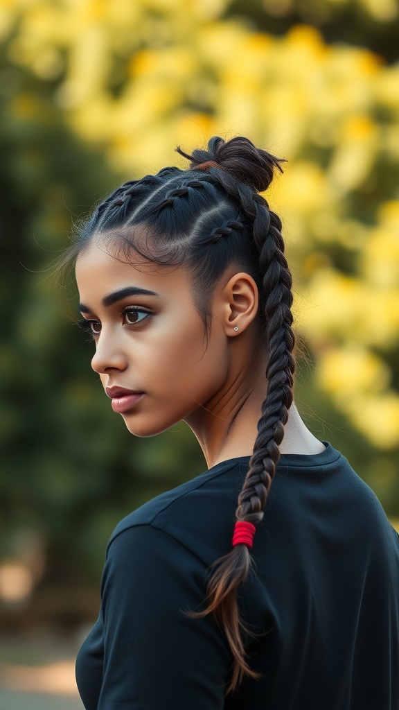 A young woman with swirl cornrows hairstyle and a ponytail, showcasing a stylish and practical look.