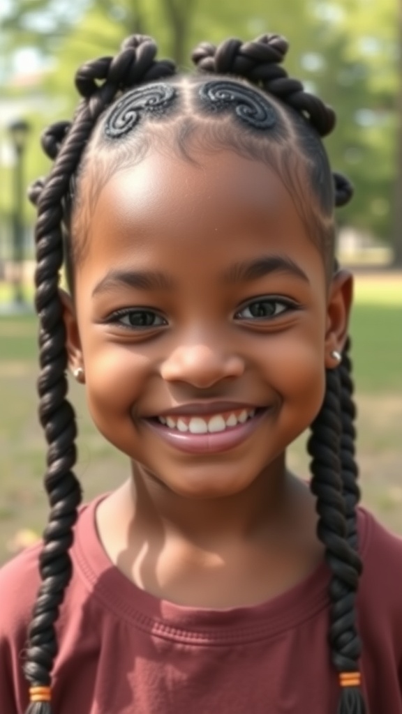 A young girl smiling with swirl cornrows hairstyle