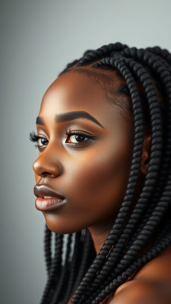Close-up of a person with swirl cornrows hairstyle, showcasing intricate braids framing the face.