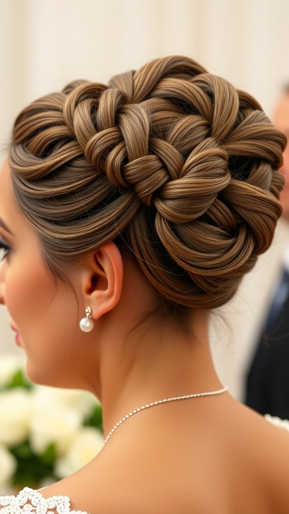 A close-up of a woman with swirl cornrows styled into an elegant updo, showcasing intricate braiding and smooth hair.