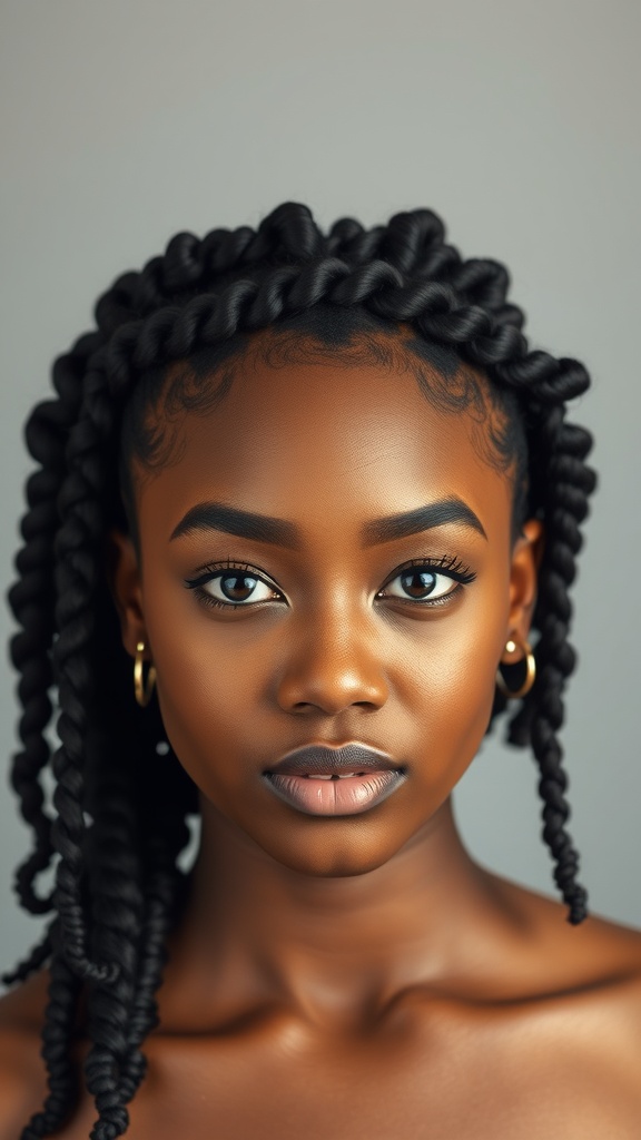 A close-up of a person with swirl cornrows hairstyle, showcasing intricate twists.
