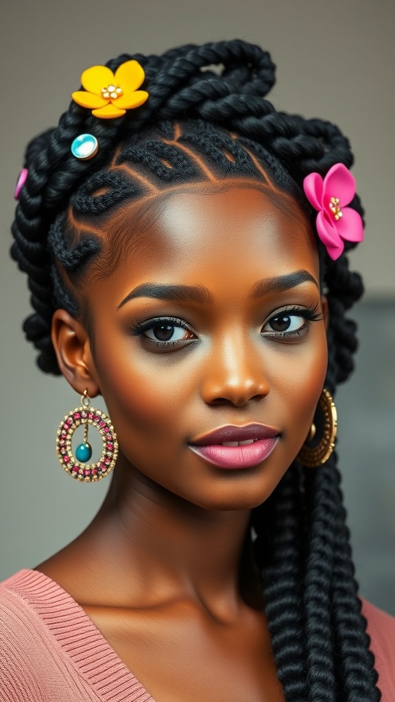 A woman with swirl cornrows hairstyle adorned with colorful flowers and earrings.
