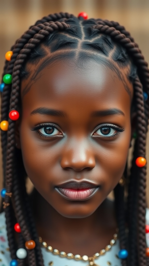 A young girl with swirl cornrows hairstyle adorned with colorful beads.