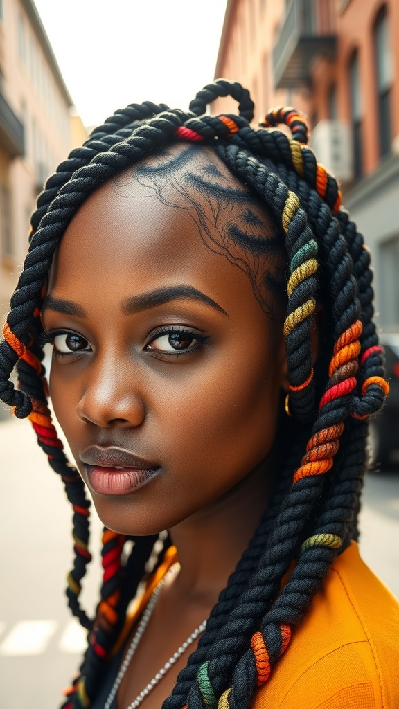 A close-up of a person with swirl cornrows featuring colorful highlights in red, green, and yellow.