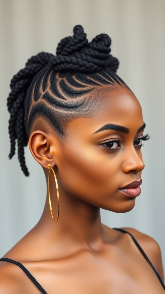 A close-up of a woman with swirl cornrows hairstyle featuring a fade, showcasing intricate braiding and a modern look.