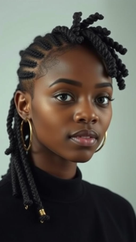 A close-up of a person with tapered locs styled with defined curls, wearing gold hoop earrings.